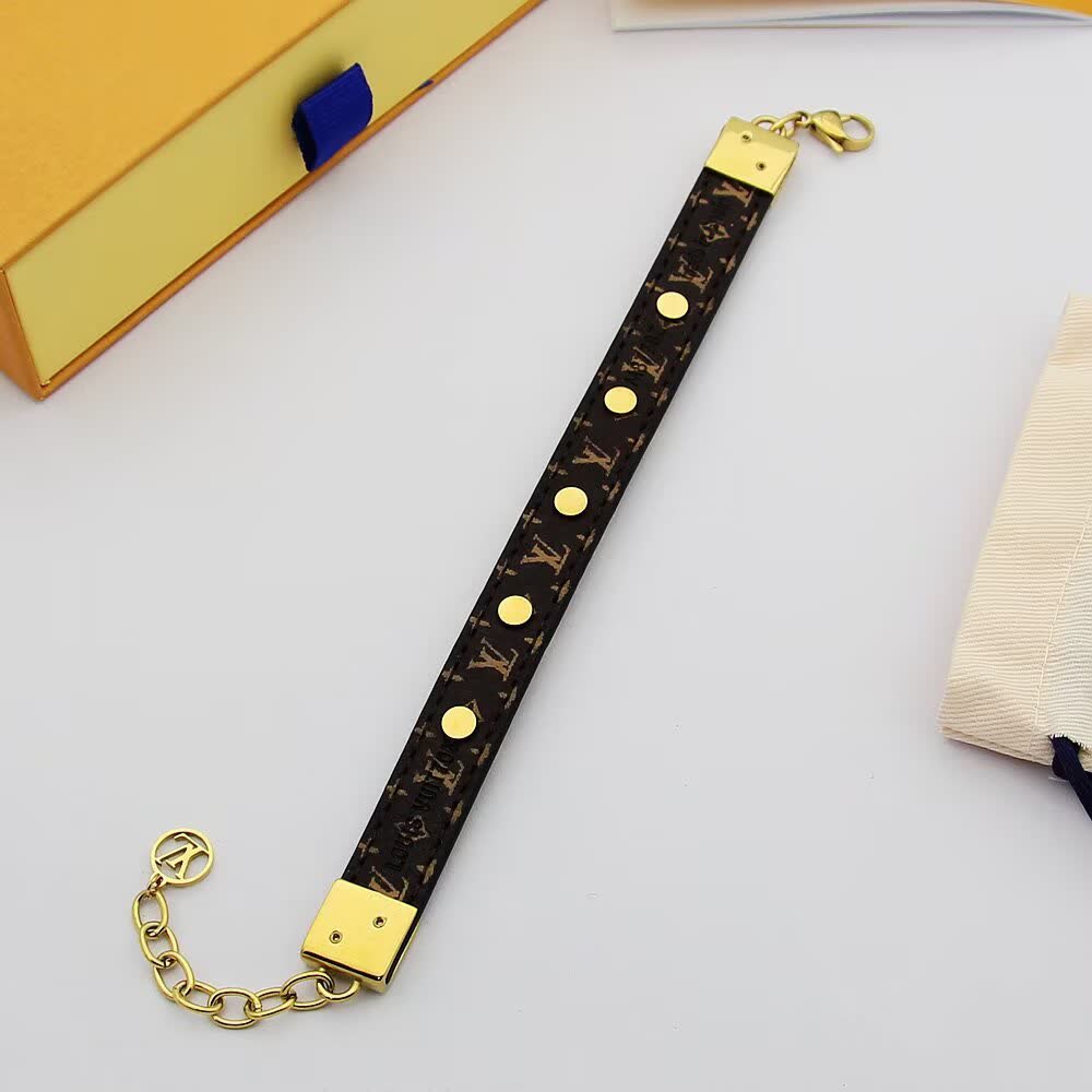 Louis Vuitton Black Leather Bracelet with Gold Accents